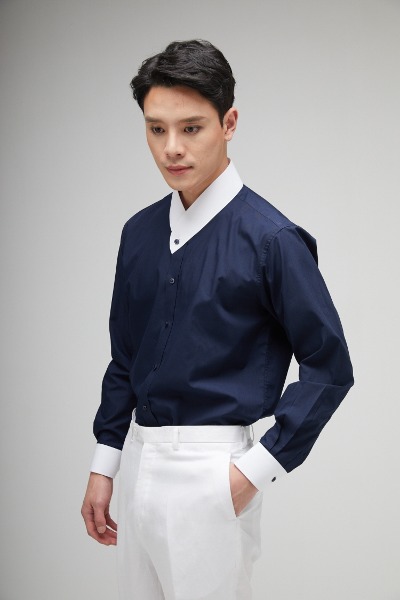 Cotton Collar Shirt - Navy &amp; White [Discounted for 10th Anniversary of Collar Shirt] (Limited quantity | Customized excluded)