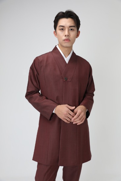 [Customized only] Adjustable collar long hanbok suit jacket - burgundy