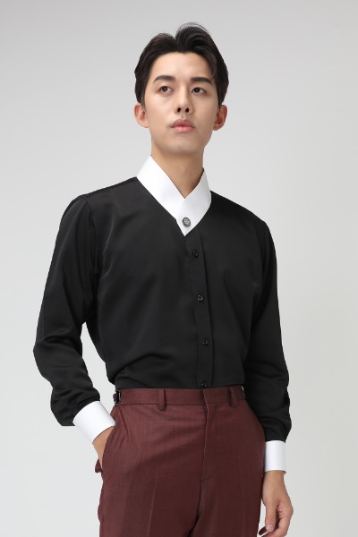 Satin Mother-of-Pearl Collar Shirt - Black &amp; White (limited quantity | excluding customized items)