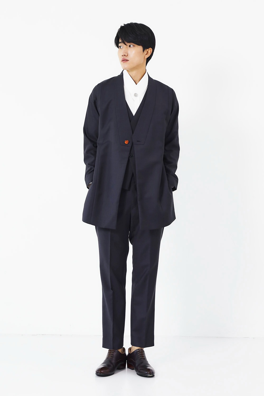 Long Tailored Hanbok Suit Jacket - Herringbone Dark Gray