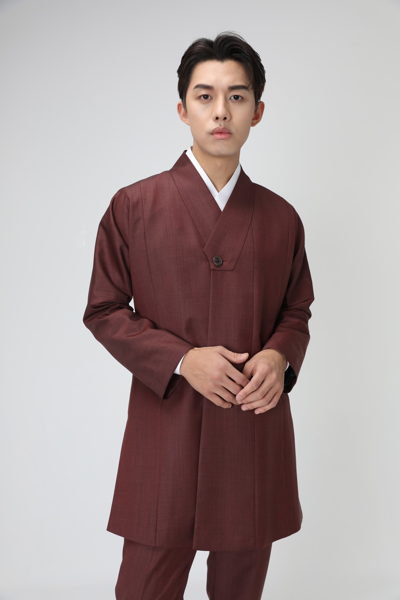 Fastened Collar Long Hanbok Suit Jacket - Burgundy