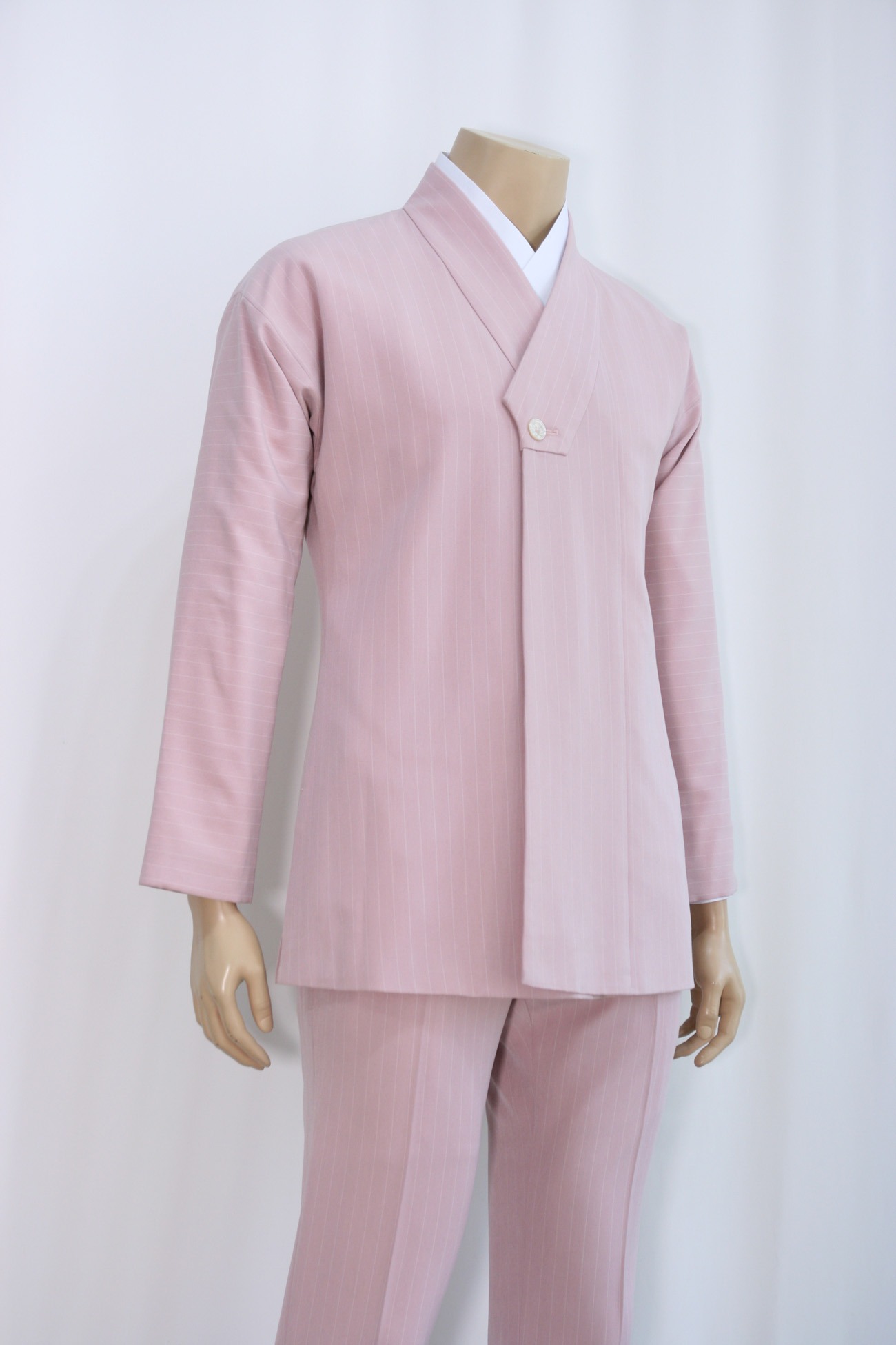[Rental] Pink Stripe Fastening Collar Hanbok Suit Setup