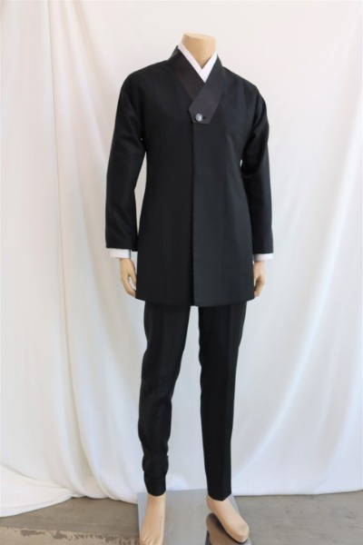 Fastening Satin Long Hanbok Suit Jacket - Black