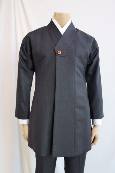 Long Hanbok Suit Jacket with Fastening - Herringbone Dark Gray