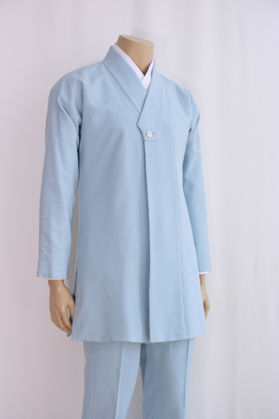 [Rental] Skyblue Stripe Fastened Collar Hanbok Suit Set-up