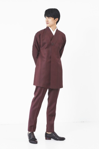 Long Hanbok Suit Jacket with Fastening Collar - Burgundy