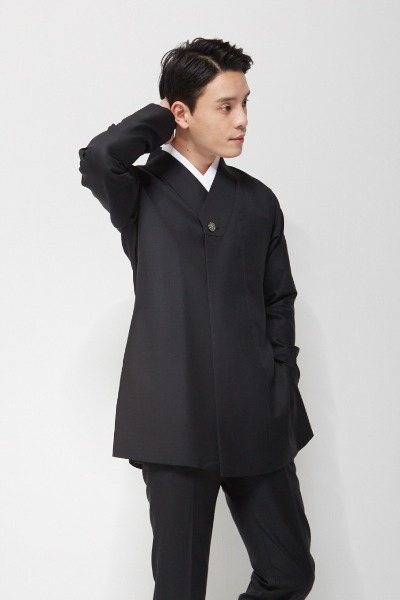 Long Hanbok Suit Jacket with Fastening Collar - Black