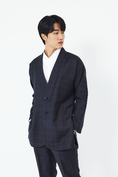 Facing Collar Two Button Short Hanbok Suit Jacket - Gray Check