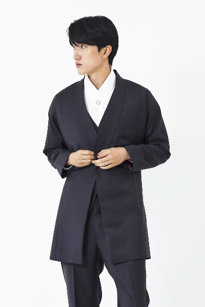 Facing Collar Long Hanbok Suit Jacket - Herringbone Dark Gray