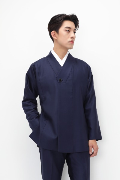 Fastened Collar Short Hanbok Suit Jacket - Blue
