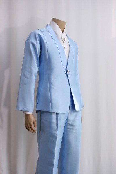 [Rental] Shining Twill Facing Collar Hanbok Suit Setup - Sky Blue