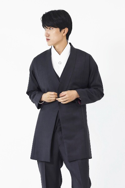 [Lend] Long Hanbok Suit Jacket - Herringbone Dark Gray